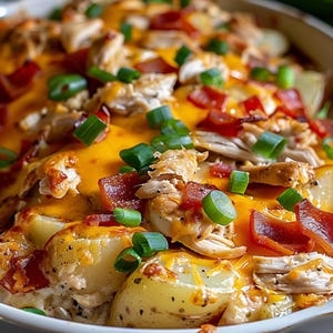 May include: A close-up shot of a baked dish featuring potatoes, shredded chicken, bacon, and melted cheddar cheese. Garnished with fresh green onions, the dish has a golden-brown appearance, suggesting a hearty and flavorful meal.
