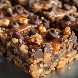 Op de afbeelding: Close-up van een chocolade- en karamelreep met een kleverige karamelvulling. De reep is gemaakt met een shortcrust-korst en bedekt met chocoladechips en een laag karamel.
