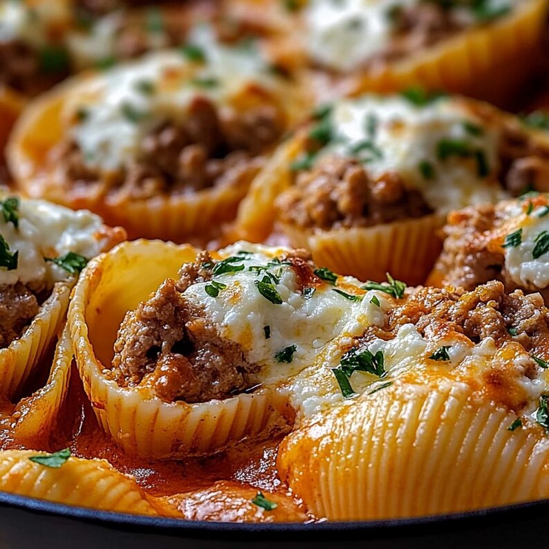 May include: A close-up of a dish of baked pasta shells filled with a meat and cheese mixture, topped with a creamy sauce and fresh parsley.