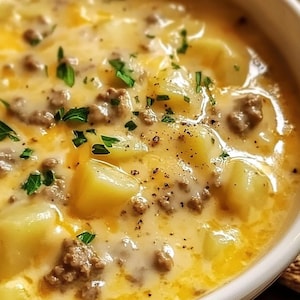 Può includere: Primo piano di una zuppa cremosa di patate e carne macinata con prezzemolo fresco e pepe nero.