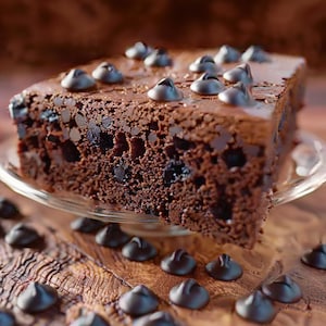 Könnte beinhalten: Nahaufnahme eines Schokoladenbrownies mit Schokoladenstückchen darauf. Der Brownie liegt auf einem Glasteller und es sind Schokoladenstückchen um ihn herum verstreut.