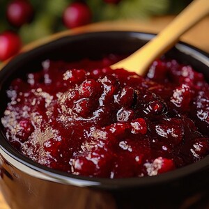 May include: A close-up of a bowl of cranberry sauce. The sauce is a deep red color and has a glossy finish. The sauce is made with fresh cranberries and is perfect for serving with turkey or ham.