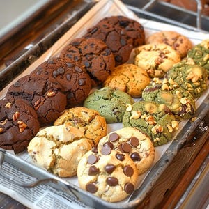Puede incluir: Una bandeja de galletas variadas, incluyendo variedades de chispas de chocolate, nueces y té verde. Las galletas están dispuestas en una bandeja de metal forrada con papel de pergamino. Las galletas son de varios tamaños y formas, con texturas y coberturas visibles.