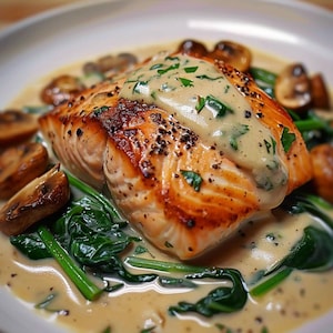 Garlic Butter Salmon with Spinach and Mushrooms in Creamy Sauce