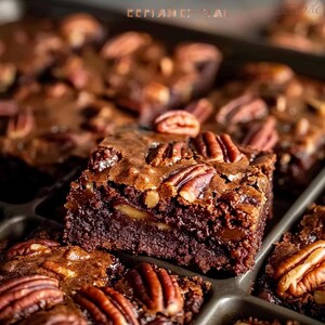 Op de afbeelding: Close-up van verschillende chocoladebrownies met pecannoten. De brownies hebben een rijke bruine kleur en zien er vochtig uit. De pecannoten zijn lichtbruin van kleur.