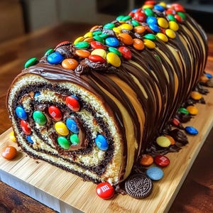 M&M Ferrero Oreo Roll Cake – Decadente chocoladecake met knapperige M&M's, Ferrero Rocher en Oreo-vulling