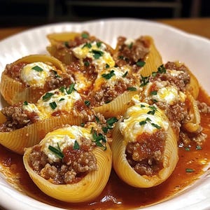 Peut inclure: Gros plan sur une assiette de coquilles de pâtes cuites au four remplies d'un mélange de viande et de fromage, nappées de sauce tomate et de persil frais.