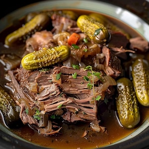 Peut inclure: Gros plan sur un plat de bœuf effiloché dans une sauce sombre, garni de cornichons verts entiers et d'oignons sautés. Des herbes fraîches ajoutent de la couleur. Le plat est servi dans un bol foncé. Un repas copieux.