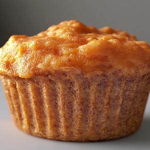 May include: A close-up of a single, golden brown, pumpkin muffin with a slightly domed top.