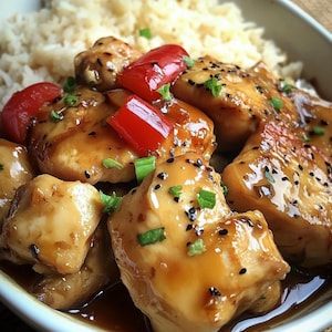 Puede incluir: Un primer plano de un plato de pollo y arroz. El pollo está glaseado con una salsa marrón y cubierto con semillas de sésamo negro. También hay pimientos rojos y cebollas verdes en el plato.