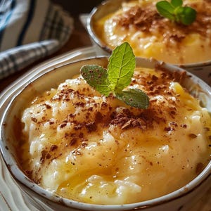 Puede incluir: Primer plano de un bol de arroz con leche cremoso cubierto con canela y una ramita de menta fresca. El arroz con leche es de color amarillo claro y tiene una textura suave y cremosa.