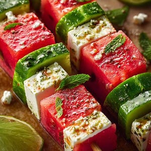 Peut inclure: Gros plan de brochettes de pastèque, de concombre et de fromage feta. Les brochettes sont disposées sur une surface en bois et garnies de feuilles de menthe. La pastèque est rouge vif, le concombre est vert et la feta est blanche. Des quartiers de citron vert sont en arrière-plan.