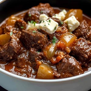 Può includere: Un primo piano di una ciotola di stufato di manzo con cipolle e formaggio feta. Lo stufato è di un colore marrone scuro intenso e il formaggio feta è bianco e friabile.