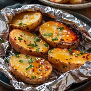 Puede incluir: Primer plano de mitades de patatas asadas en papel de aluminio. Las patatas son de color marrón dorado y están sazonadas con hierbas, sal y copos de pimiento rojo. Están dispuestas en un plato oscuro, sugiriendo una comida casera.
