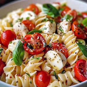 May include: A close-up of a pasta salad with mozzarella cheese, cherry tomatoes, and fresh basil. The salad is tossed in a creamy dressing and sprinkled with black pepper.