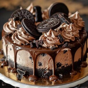 May include: A chocolate cheesecake with a dark chocolate ganache, chocolate frosting swirls, and Oreo cookies. The cake sits on a gold-colored cake board. Chocolate sauce drips down the sides of the cake.