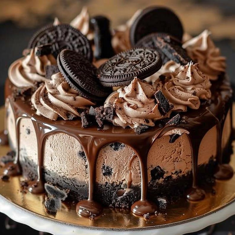 May include: A chocolate cheesecake with a dark chocolate ganache, chocolate frosting swirls, and Oreo cookies. The cake sits on a gold-colored cake board. Chocolate sauce drips down the sides of the cake.