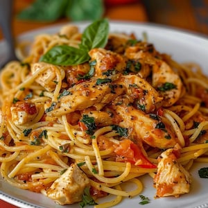 Può includere: Spaghetti con pollo e salsa di pomodoro, guarniti con basilico fresco. La pasta è ricoperta da una ricca salsa rossa e condita con pezzi di pollo conditi. Servito su un piatto bianco.