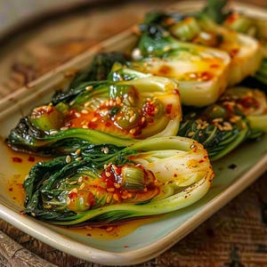 May include: A plate of cooked bok choy, halved and drizzled with a red sauce and sesame seeds. The leaves are a vibrant green, and the stems are a creamy white. The dish is presented on a rectangular plate.
