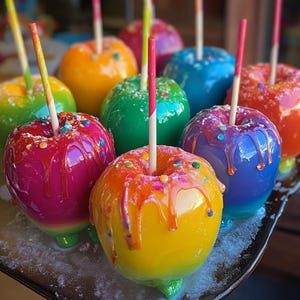 Può includere: Primo piano di una varietà di mele caramellate colorate. Le mele sono ricoperte da una glassa lucida e decorate con codette. Alcune delle mele sono rosse, verdi, blu e gialle.