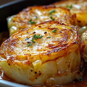 Puede incluir: Primer plano de cuñas de col caramelizadas con una corteza dorada y ramitas de tomillo fresco. La col está cocinada en una sartén y tiene un acabado brillante y caramelizado.