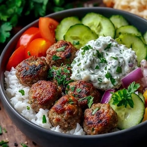Receita de Tigela de Almôndegas Gregas com Tzatziki, Arroz e Vegetais Frescos – Guia para Download Instantâneo