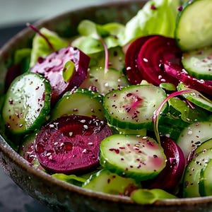Puede incluir: Primer plano de una ensalada con pepinos verdes frescos, remolachas rojas y verduras de hoja verde. La ensalada está aderezada con una vinagreta ligera y espolvoreada con semillas de sésamo.