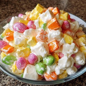 Può includere: Una ciotola di dessert bianco e soffice ricoperto di caramelle colorate. Le caramelle sono di varie forme e colori, tra cui verde, giallo, arancione e rosa.