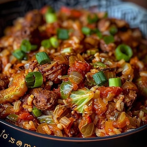 Könnte beinhalten: Eine Nahaufnahme einer Schüssel Jambalaya, ein Cajun- und Kreolgericht aus Reis, Fleisch, Gemüse und Gewürzen. Das Gericht ist mit Frühlingszwiebeln garniert.