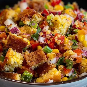 Peut inclure: Un gros plan d'un bol de salade de pain de maïs avec des poivrons rouges et verts, des oignons rouges, des grains de maïs et des herbes fraîches.