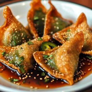 May include: A plate of crispy fried dumplings with a savory sauce and sesame seeds. The dumplings are golden brown and have a green filling.