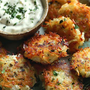 May include: Close-up of golden-brown, crispy potato pancakes, garnished with fresh herbs. A small, rustic bowl holds a creamy white sauce, speckled with green herbs. The food is arranged on a light blue plate.