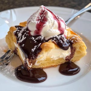 Pode incluir: Uma pastelaria recheada com creme de leite batido e coberta com molho de chocolate e uma colher de creme de leite batido com molho de frutos vermelhos.