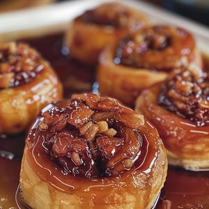 Puede incluir: Primer plano de varios rollos de canela glaseados con un glaseado color caramelo y una cobertura de nueces picadas. Los rollos están dispuestos en una bandeja, con el glaseado acumulándose a su alrededor. Los productos horneados son de color marrón dorado.