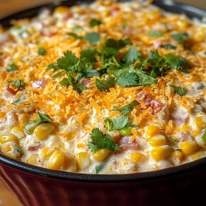 May include: A close-up of a bowl of creamy corn salad with shredded cheese, diced tomatoes, and fresh cilantro.