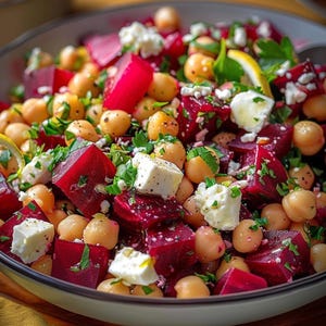 May include: A colourful salad in a white bowl, with red beetroot cubes, golden chickpeas, and creamy white feta cheese. Fresh green parsley and lemon wedges add colour and flavour. A healthy meal.