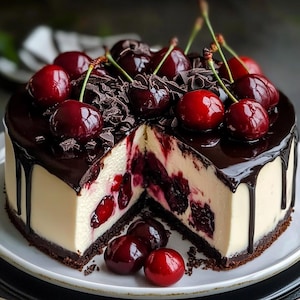 Könnte beinhalten: Ein weißer Schokoladen-Käsekuchen, überzogen mit dunkler Schokoladen-Ganache und frischen Kirschen. Der Käsekuchen ist in Stücke geschnitten und bereit zum Servieren.