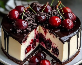Schwarzwälder Käsekuchen-Genuss – Cremiger Käsekuchen mit Kirschen, Schokolade und einem süßen Graham-Keksboden