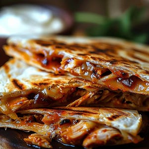 Puede incluir: Primer plano de quesadillas apiladas con un exterior dorado y asado. El relleno es visible, con pollo desmenuzado y una salsa rica de color marrón rojizo. Un pequeño cuenco de salsa blanca está borroso en el fondo.
