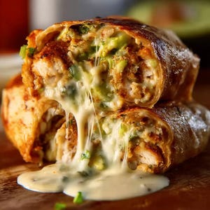 Puede incluir: Primer plano de un burrito cortado, que muestra un relleno de pollo, brócoli y queso derretido. El queso es hilado y se desborda, con un exterior crujiente de color marrón dorado. El burrito está cortado por la mitad.