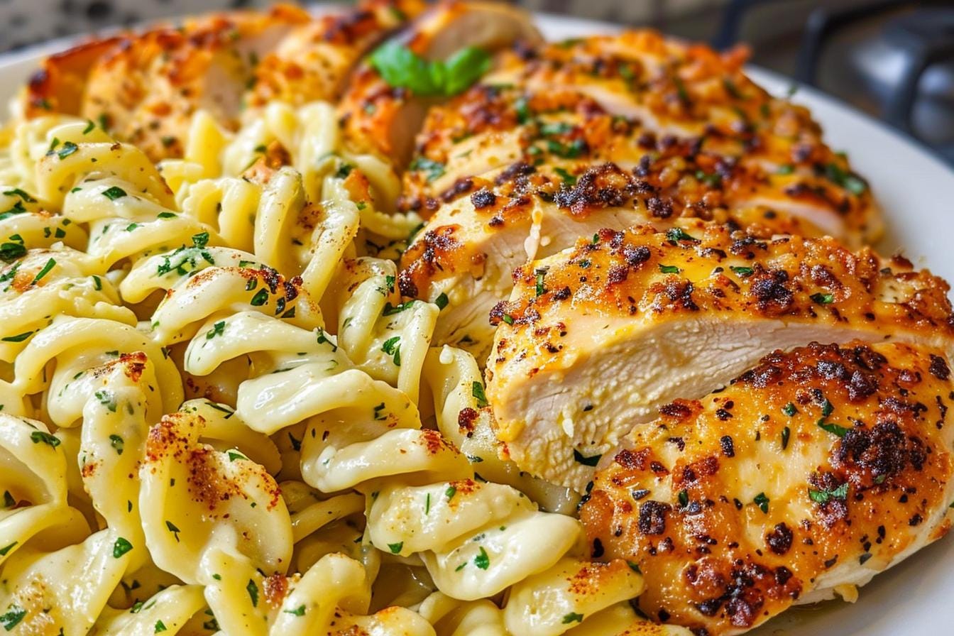 Kremowy kurczak z czosnkiem i parmezanem z serowym makaronem – bogaty i aromatyczny przepis na comfort food do pobrania
