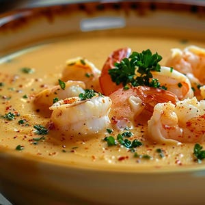 May include: A close-up shot of a bowl filled with creamy orange soup, garnished with cooked shrimp and fresh parsley. The shrimp are pink and white, and the soup is sprinkled with red spices. The bowl has a brown rim.