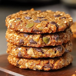 May include: A stack of four homemade cookies with chocolate chips, pumpkin seeds, and sesame seeds. The cookies are golden brown and have a slightly crispy texture.