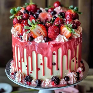 Könnte beinhalten: Ein weißer Kuchen mit rosa Zuckerguss und einem rosa Tropf-Guss. Der Kuchen ist mit frischen Erdbeeren, Blaubeeren und Brombeeren verziert.