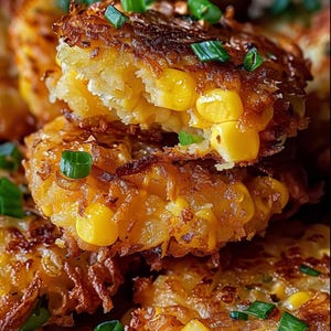 Può includere: Primo piano di uno stack di frittelle di mais dorate, guarnite con cipolle verdi tritate. Le frittelle sono croccanti all'esterno e morbide all'interno, con visibili chicchi di mais.