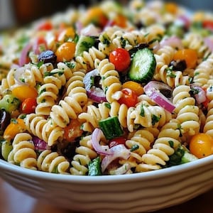 May include: A bowl of pasta salad with a variety of ingredients, including tomatoes, cucumbers, red onion, olives, and fresh herbs.