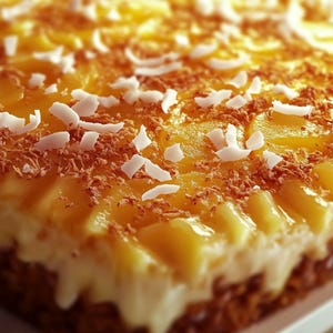 May include: A close-up of a yellow cake topped with a layer of white frosting and shredded coconut.