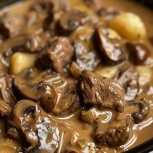 Può includere: Primo piano di uno stufato cremoso di funghi e manzo con una ricca salsa marrone. Lo stufato è pieno di teneri pezzi di manzo, funghi interi e cipolle.