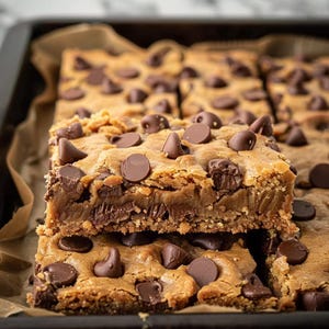 May include: A close-up of a baking sheet with freshly baked chocolate chip cookie bars. The bars are golden brown and have a generous amount of chocolate chips. The bars are stacked on top of each other, and the edges are slightly crispy.