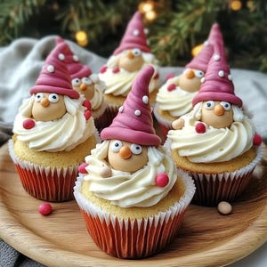 Può includere: Sei cupcake decorati con glassa bianca e decorazioni a forma di gnomo. Ogni cupcake ha un cappello rosa a pois bianchi, un viso rotondo e una barba bianca. I cupcake sono su un vassoio di legno.